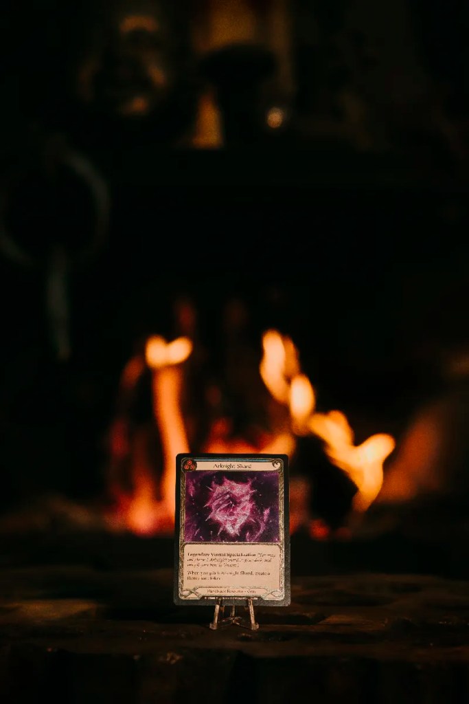 Photograph showing the Arknight Shard card in an authentic forge, origin of the singular Light and Relic fine-art print relic.