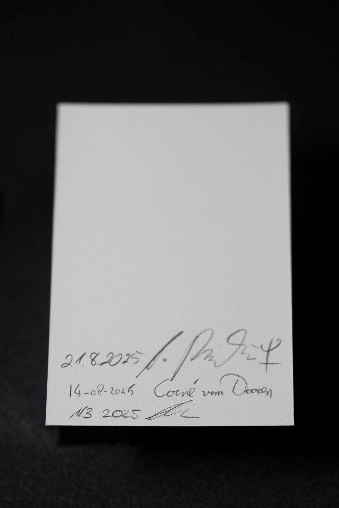 Back of the Fine Art Print 1/3, 10×15 cm, Hahnemühle German Etching Pearl) with signatures by Sebastian Blume, Andreas Rimkus, and Corné van Dooren.