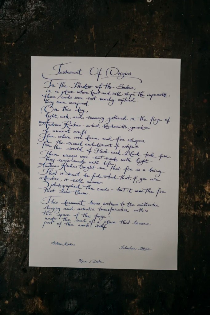 Handwritten “Testament of Origins” document photographed inside a forge, unsigned and without seal or date.