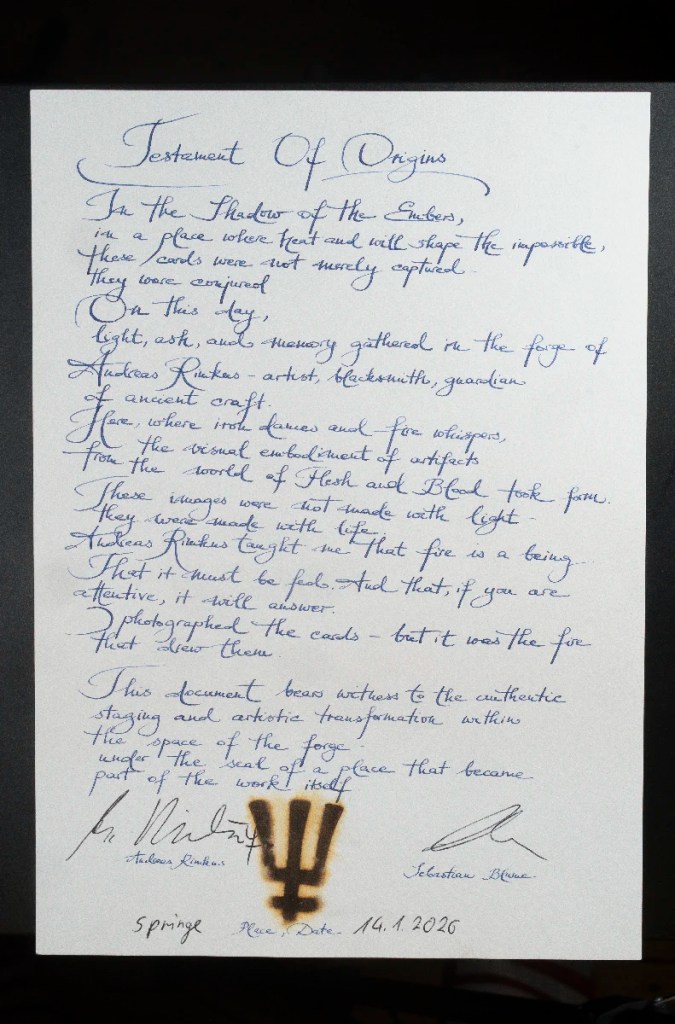 Handwritten “Testament of Origins” document, signed and sealed with a heated brand mark, photographed inside the forge of Andreas Rimkus.